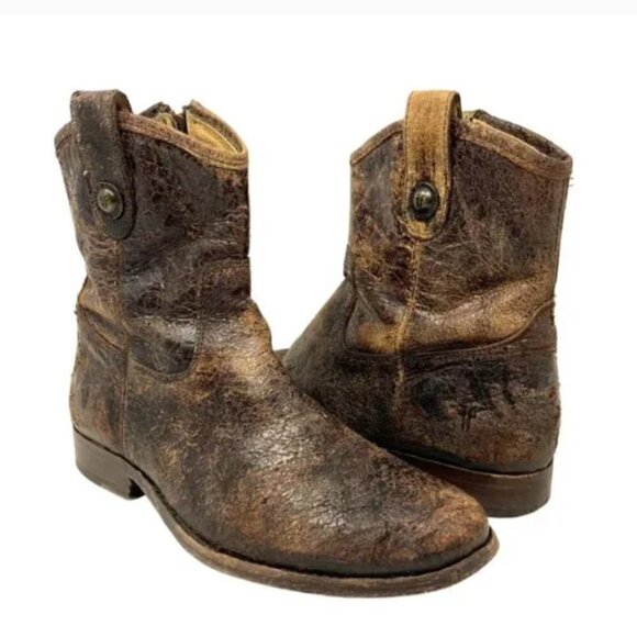 Frye Melissa Button Distressed Leather Glazed Short Zipper Boots - Size 7.5 - Picture 1 of 10